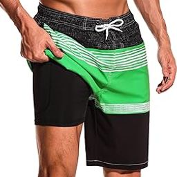 Mens Swim Trunks with Compression Liner 9" Beach Board Shorts Men 2 in 1 Quick Dry Bathing Suit with Pockets, Black+green+white, L-image-92