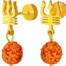 Religious Jewelry Lord Shiv TrishulÂ Rudhrasha Bead Piercing Jewelry Wood, Stainless Steel Stud Earring (GOLD)-image-73