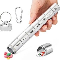 GLUN® Aluminium Weekly Pill Rod, Keychain 7 Compartments Pill Case, Waterproof Weekly Medicine Organizer with Keychain & Carabiner for Outdoor, Travel, & Camping-11