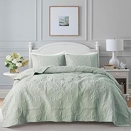 B2EVER Damask Quilt King Size Bedding Sets with Pillow Shams, Boho Lightweight Soft Bedspread Coverlet, Sage Green Quilted Blanket Thin Comforter Bed Cover for All Season, 3 Pieces, 104x90 inches-image-59
