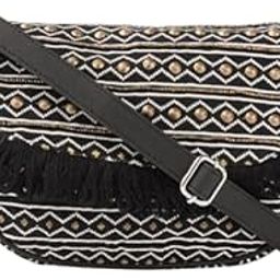 Boho Chic Fringed Cross-Body Bag with Aztec Pattern, Black and Beige-image-1