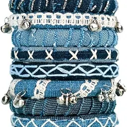 taasha craft Harmony different blue shaded denim ghugharu denim bangles set for Women & Girls (8 Bangles)-picture-22