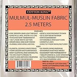 Cotton King Light Weight Plain White Mulmul Soft Cotton 2.5 Meters Fabric for Lining, Dupatta, Baby Swaddling, Tie-Dye Craft Making Etc Multipurpose Use.-28