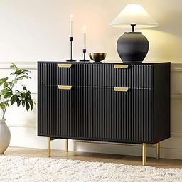 Wooden Sideboard Cabinet for Living Room | Kitchen Crockery Cabinets with 2 Drawers & 2 Door | Storage Unit for Bedroom | Engineered Wood & Iron(Black & Golden)-image-24