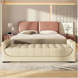 LEGACY OF COMFORT Modern Bedroom Bench Leather Bedroom Ottoman Bench Upholstered End of Bed Bench Modern Entryway Shoe Bench with Armrests and Side Pockets Living Room Bench Dinning Room (Cream)-image-51