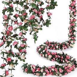 1 Pcs Artificial Flowers Vine Silk Roses Garland Fake (6 ft Long) Flowers Silk Roses Garland for Wedding Decorations Diwali/Ganpati/Christmas Garden Wall Valentine (Pink Combo Rose Garland)-image-75