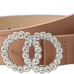 PU Leather Belt Rhinestone Waist Round Buckle Belt - Beige-image-58