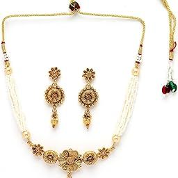 Attractive Gold Plated Gold Beads Copper Choker Necklace Set with Drop Earring | Jewellery Set For Women (NS105536)-image-7