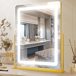 PRIMETEK Vanity Mirror with Lights, 19"x22" Large Makeup Mirror with Lights, LED Lighted Makeup Mirror, Touch Screen with 3-Color Lighting, Dimmable for Vanity Desk Tabletop, Bedroom, Gold-5