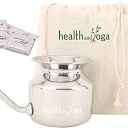 HealthAndYoga® SteloKleen Stainless Steel Neti Pot (500ml) + HealthAndYoga® Pure Jala Neti Salt Sachets (Pack of 25)- For Blocked Nose, Cold & Headaches- Complete Saline Nasal Wash Yoga Detox Kit-21