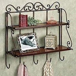 SALEEM HANDICRAFT Wall Mounted Shelf Rack with Hooks | Metal & Wood Storage Organizer | Vintage Decorative Display Unit for Living Room, Kitchen, Entryway | Key & Towel Hanger Stand-image-97