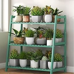 House of Quirk 3-Tier Bamboo Storage Shelf Rack, Bookcase Ladder Shelf Storage Organizer Multi-Functional Display Rack for Books, Photos, Plants, Daily Supplies (50cm, Green)-6