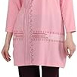 Women's Pink Embroidered Cotton Kurta with Black Pants, Long Sleeve Casual Loungewear Set-image-56