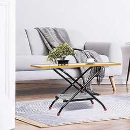 Livzing Height Adjustable Foldable Tea Table - Wooden Center Table - Powder Coated Metal Side Table/Coffee Table/Bedside Table for Home Office - Portable Laptop Table with Storage Rack - Brown-0