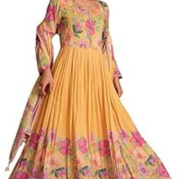 Floral Printed Anarkali Dress, Yellow Cotton Long Gown with Pink Flowers, Full Sleeves Maxi Dress-image-33