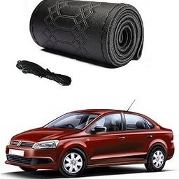 Car Steering Wheel Cover with Needle Thread Leather Sleeve Anti-Slip Breathable Full Black Color Suitable for V W Vento-6