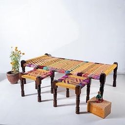 FURNWEAVE Solid Sheesham Wood Handmade Rajasthani Charpai with 2 Stools | Cotton and Chindi Rope Khatiya Charpai Single Bed Without Storage| Wooden Cot Bed | Khatiya-Khaat| 6X3 Feet, Multi & Yellow-image-8