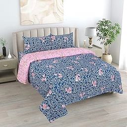 OSONIC 300 TC Super Soft Glace Cotton King Size Reversible AC Comforter II Blanket II Duvet for Double Bed with 1 Flat Bedsheet and 2 Pillow Cover - 4 Piece Comforter Set (Blue Pink Floral)-image-25