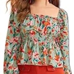 Women's Crepe Floral Printed Full Puff Sleeves Square Neck Top (Indi Green-GS)-image-1