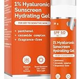 The Derma Co 1% Hyaluronic Sunscreen Hydrating Gel SPF 50 PA++++ | For Dry, Sensitive Skin | Lightweight Texture | No White Cast | UVA/UVB, Broad Spectrum Protection & Blue Light Protection | Non- Comedogenic | Clinically Tested - (In -Vivo) | Tan Protection | Photostable | For Men & Women | 50 g-0