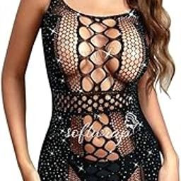 Fishnet Lingerie Womens Mesh Chemise One Piece Babydoll Mini Dress Lace Sparkle Rhinestone Lingeries for Women Black-image-67