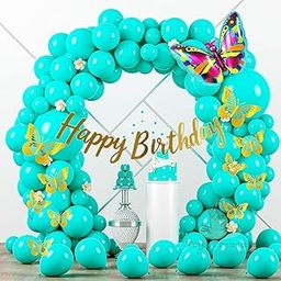 Toys Treasure We Deliver Smiles 77pack Teal Blue Balloons Different Size 18/12 Inch Garland Arch Kit With Card Happy Birthday Banner Foil Butterfly and 3d Butterfly Stickers (Teal Blue)-image-4