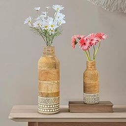 Behoma Boho Engraved Design Wooden Flower Vase Set of 2, Bottle Shape Mango Wood Vases for Flowers for Decor Home Living Room Kitchen Office, Natural Light Brown Finish | Height - 23 cm & 15 cm-image-16