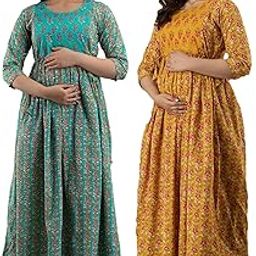 Women's Pure Cotton Printed Maternity Gown Feeding Nighty A-line Feeding Dress Kurti Gown for Women Pack of 2-image-40