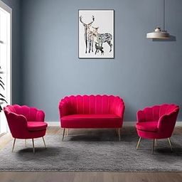 UWI CRAFTS Modern Shell Back Velvet Living Room Furniture Set, 3-Piece Sofa and Chairs, Including Loveseat & 2 Sofa Chairs, Upholstered 2-Seater Sofa & Accent Chair Set with Gold Legs (Hot Pink)-image-12