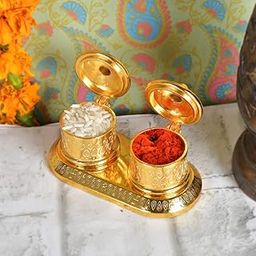 JAIPUR ACE Golden Metal Kumkum Holder/Kumkum Box for Gifting,Pooja, Thali, Mandir, Home, Temple, Gifting Golden Kumkum Box with Laxmi Maa (Round Kumkum)-image-31
