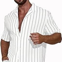 Men's Front Button Short Sleeve Striped Top, Casual (2026)-picture-29