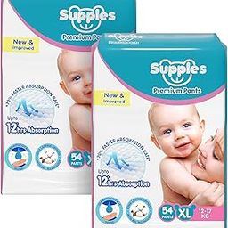 Amazon Brand - Supples Premium Baby Diaper Pants | 108 Baby Diapers | XL | 12-17 Kg | 54 x 2 Packs | 12 Hrs Absorption | Cushiony Cotton Soft Fabric | Phthalates-Free | Triple Leak Guard-5