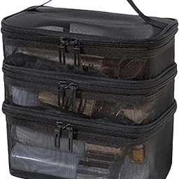3 Layer Makeup Pouch Bag,Travel Makeup Organizer Portable Toiletry Case Bag Pouch, Large Mesh Toiletries Double Layer Nylon Brush Zip-up Tool with Handle (Black)-image-74