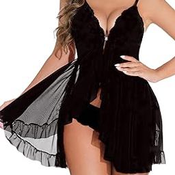 Women Lingerie Front Closure Babydoll Lace Chemise V Neck Ruffle Nightgown Sexy Sleepwear-image-36