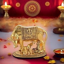 Saudeep India Trading Corporation Polyresin Hand Painted Kamdhenu Cow with Calf God Figure Showpiece Decor (Golden, Small Size), 20L x 20W x 29H Centimeters-image-6