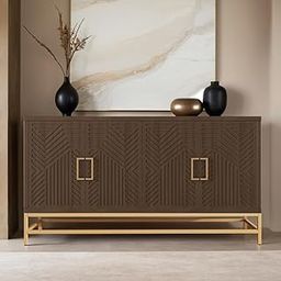 TGF Furniture Store Modern Sideboard Cabinet – 4-Door Wooden Storage Console with Chevron Pattern, Brown Finish, Gold Accents & Metal Base, Buffet Cabinet for Living Room, Dining Room & Entryway-image-1