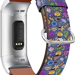 Compatible with Fitbit Charge 4 / Charge 3 / Charge 3 SE Patterned Leather Replacement Band (Tropical Fishes, Starfish, Seashell and Coral Doodle)-image-127