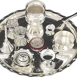 BENGALEN Silver Plated Pooja thali Set 9.5 Inch with Plate Kalash Palli Diya Kumkum Holder Bowl Dhup Dan Coin Ghanti Puja Thali for Diwali Home Mandir Office Wedding Return Gift Items-picture-30