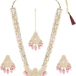 Pink Multistrand Beaded Long Bridal Kundan Necklace & Earring Set For Women-ZPFK18677-38