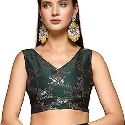 Readymade Blouse for Women, Brocade, Botanical Sleeveless, V-Neck-image-11