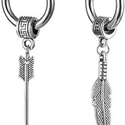 Men Huggie Ear Studs With Feather Ring Long Chain Punk Titanium Steel Piercing Jewelry Silver Stainless Steel Hoop Earrings For Men And Women-18