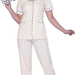 Women's Cotton Pajama Set, Short Sleeve Button-Down Top with Pants, Printed Pattern with Blue Piping, Cream-picture-15