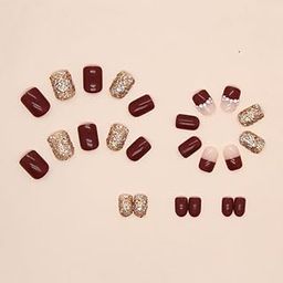 Set of 24 Artificial Reusable Nails in Golden And Maroon With Pearl And Glue-picture-24