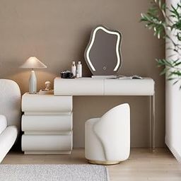 NG Decor Humply Modern White Makeup Vanity Set PU Dressing Table with Stool & LED Mirror-picture-19