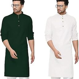 Cotton Traditional Men's Kurta Shirt- Pack of 2, Ethnic Indian Wear (Green:White, 36-S)-image-97