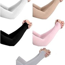 NESVIB 5 Pairs Biker/Sports Full Arm Fingerless Sleeves Gloves for UV, Dust, Summer, Sun Protection for men, Girls and Women (Black, Beige, White, Grey & Pink)-picture-22