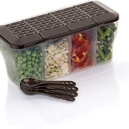 Xmart India Multipurpose Plastic 4 in 1 Masala Box for Kitchen, Spice Boxes for Kitchen,4 Compartment Storage Containers Grocery,Cereal,Dry Fruits Dabba 1800 Ml with 4 Spoons(Brown)-image-60