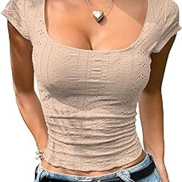 Girl's & Women's Beige Eyelet Embroidery Knitted Square Neck Casual Slim Fit Women T-Shirt, Short Sleeve Schiffli Crop Top, Solid Color Tee for Spring/Summer Outfits (Crop Top 195)-image-92