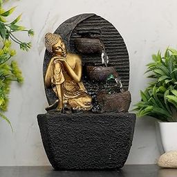 Mahganya Polyresin Table Top Gold Brown Color Indoor Waterfall Fountain for Home Decor with Yellow LED Lights & Water Flow Controller Pump (Size: 20x 12x 12CM)-image-39