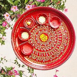 P.A.Decorative Handwork Ganeshaji Steel Aarti Pooja Thali Set/Haldi Kumkum Plates with Diya/Diwali Puja Plate.[12 Inch][Large]-image-91